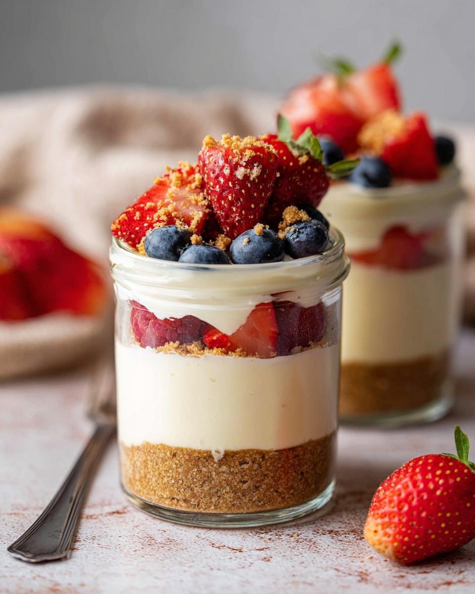 Close-up of a High Protein Cheesecake Jar layered with graham cracker crust, creamy filling, strawberries, blueberries, and crumble topping.