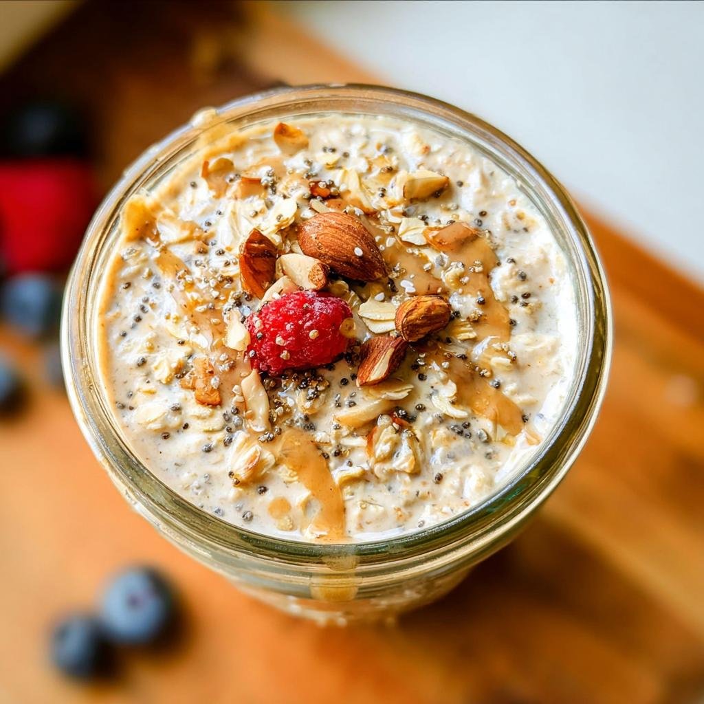 Overhead view of a jar filled with high-protein overnight oats, topped with almonds, chia seeds, a raspberry, and a drizzle of peanut butter.