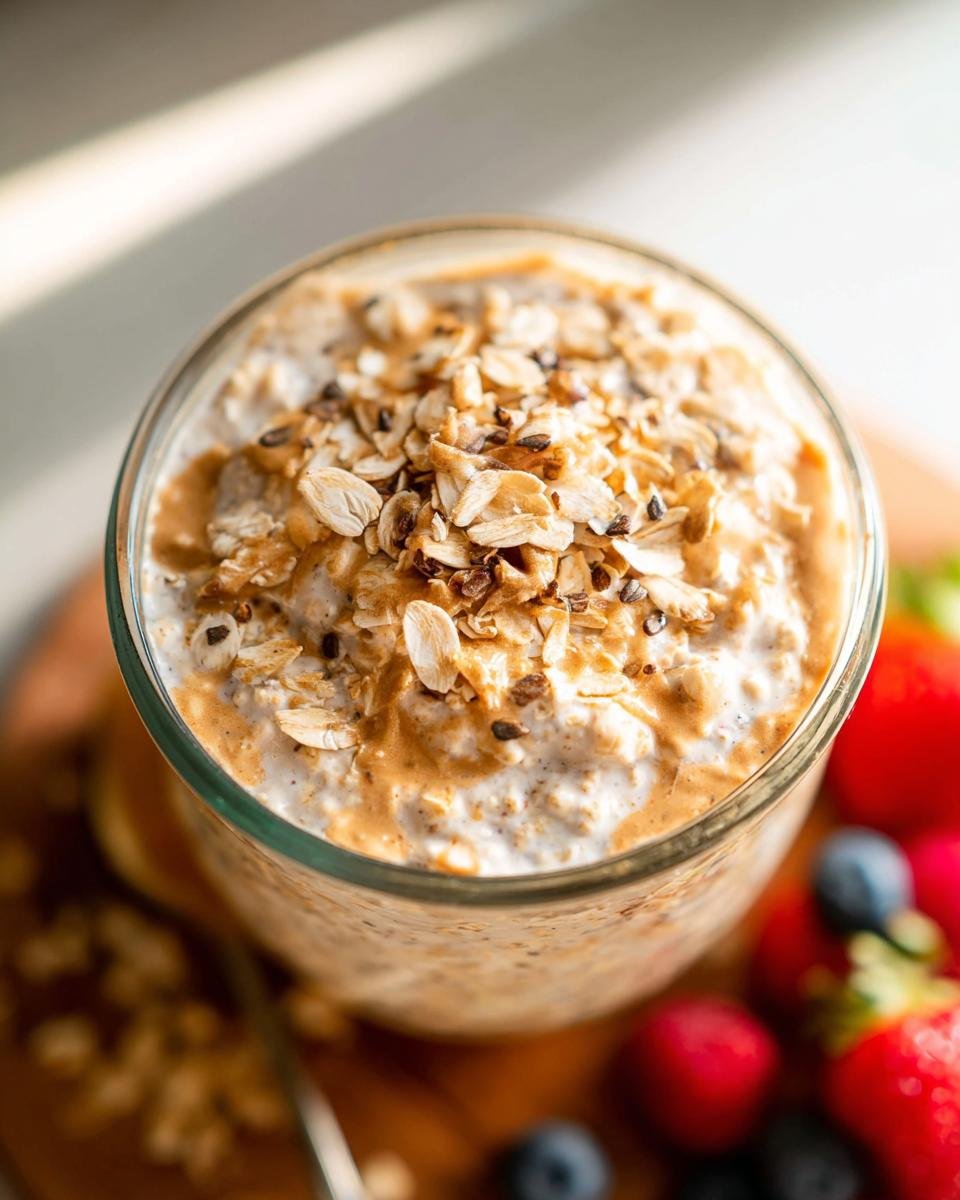 A close-up of a glass jar filled with creamy High-Protein Overnight Oats, topped with oats, nuts, and drizzled with peanut butter.