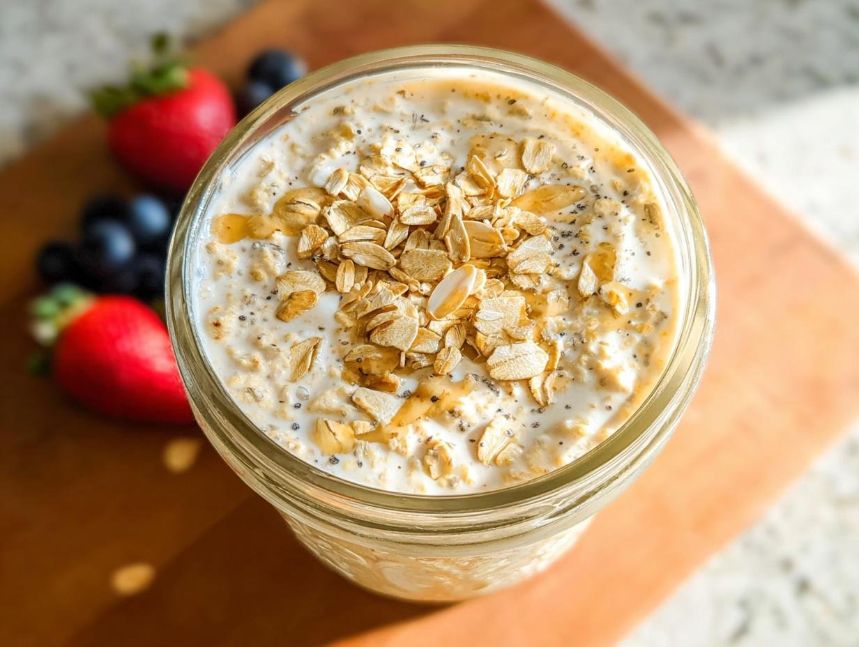 Overhead view of a high-protein overnight oats recipe in a glass jar, topped with oats and drizzled with honey.