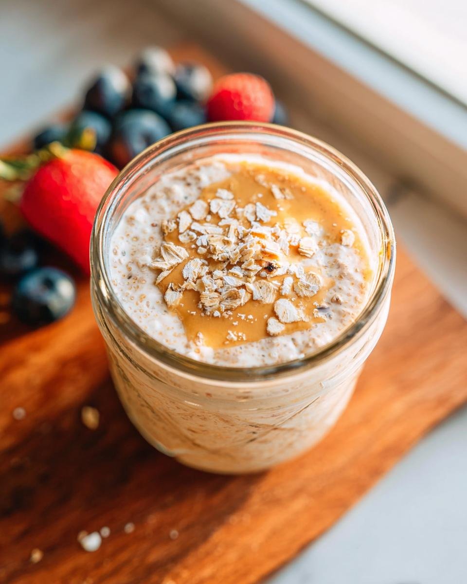 Close-up of a glass jar filled with high-protein overnight oats, topped with peanut butter and oats, with berries in the background.