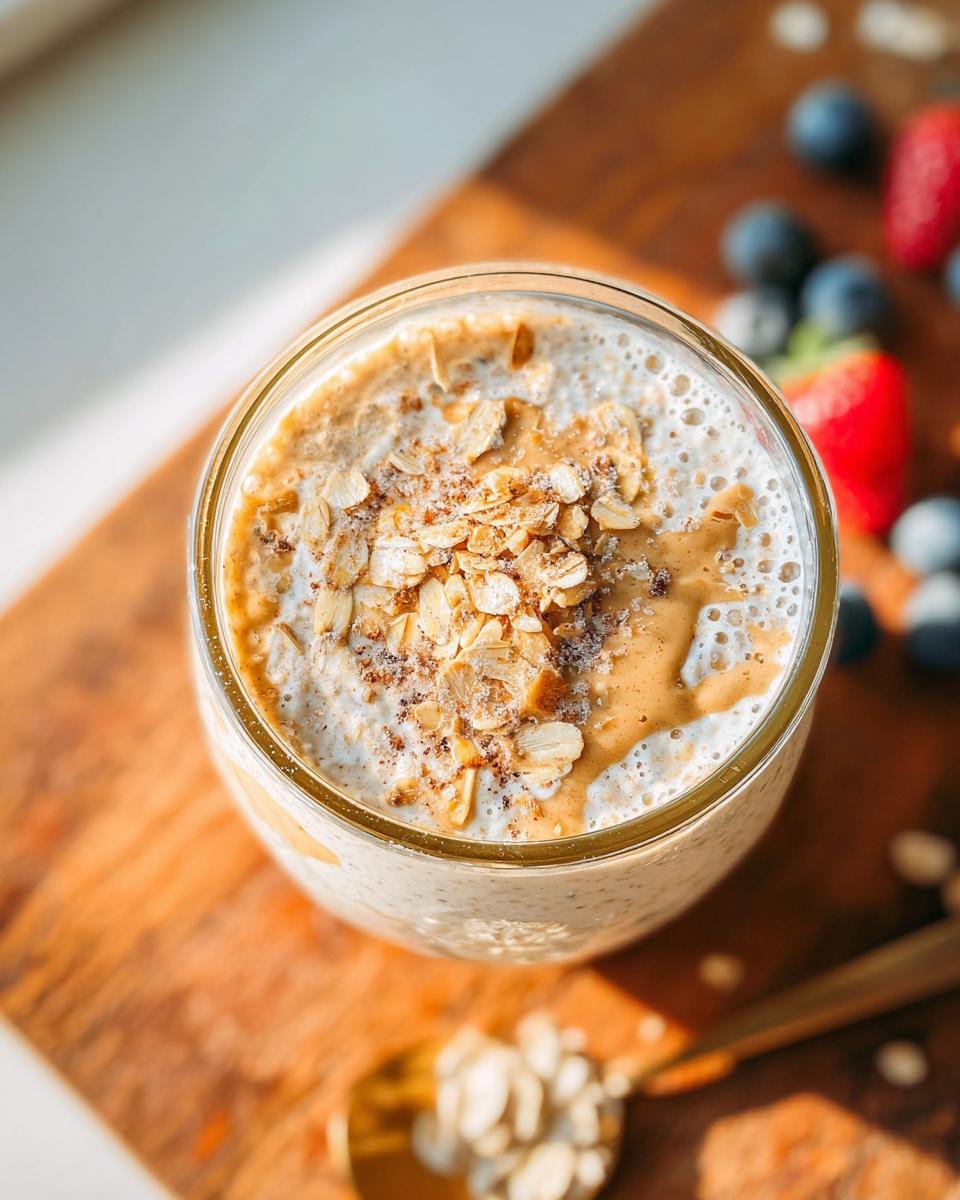A close-up of a glass filled with high-protein overnight oats, topped with peanut butter, oats, and cinnamon. Berries are scattered around.