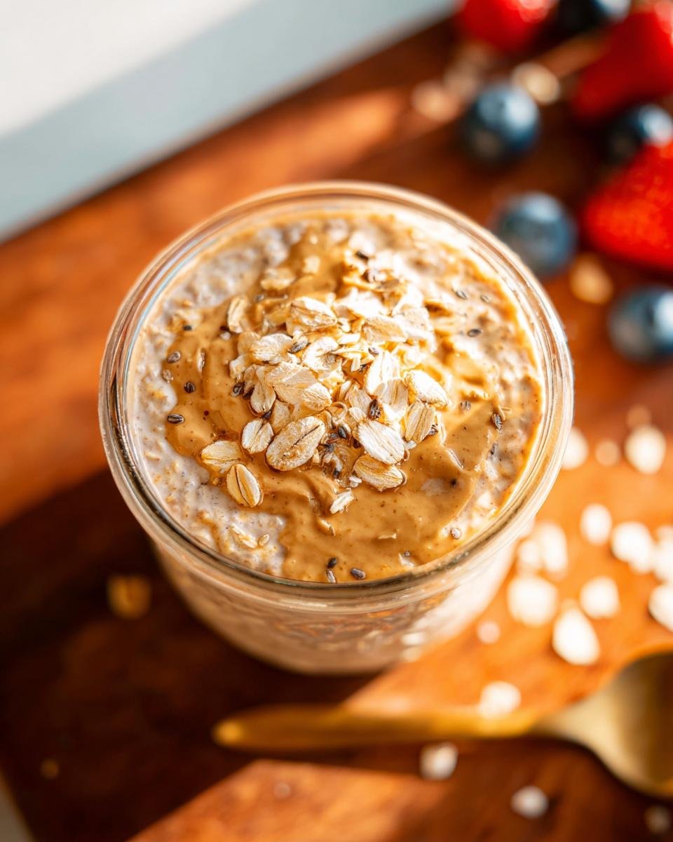 Overhead view of a jar filled with high-protein overnight oats, topped with peanut butter, oats, and chia seeds.