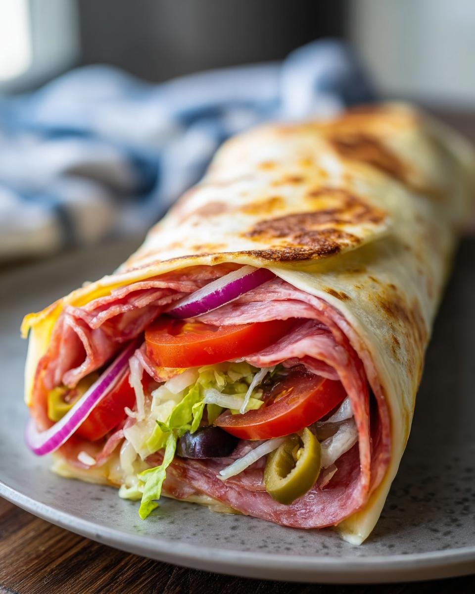 A close-up of a fully loaded Italian Sub Wrap filled with salami, ham, lettuce, tomato, onion, and olives.