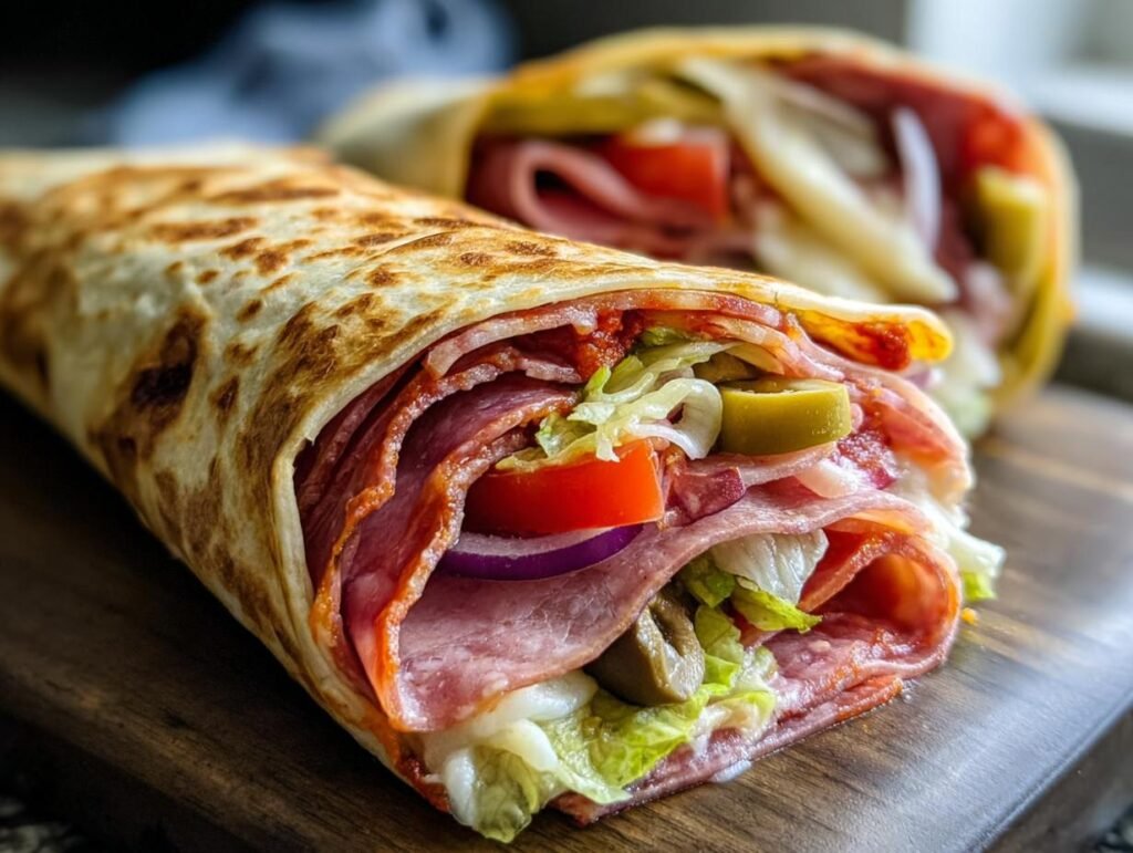 Close-up of a fully loaded Italian Sub Wrap filled with salami, ham, lettuce, tomatoes, olives, and onions.