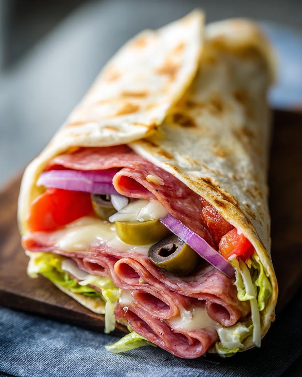 Close-up of a fully loaded Italian Sub Wrap with salami, cheese, olives, tomatoes, red onion, and lettuce.