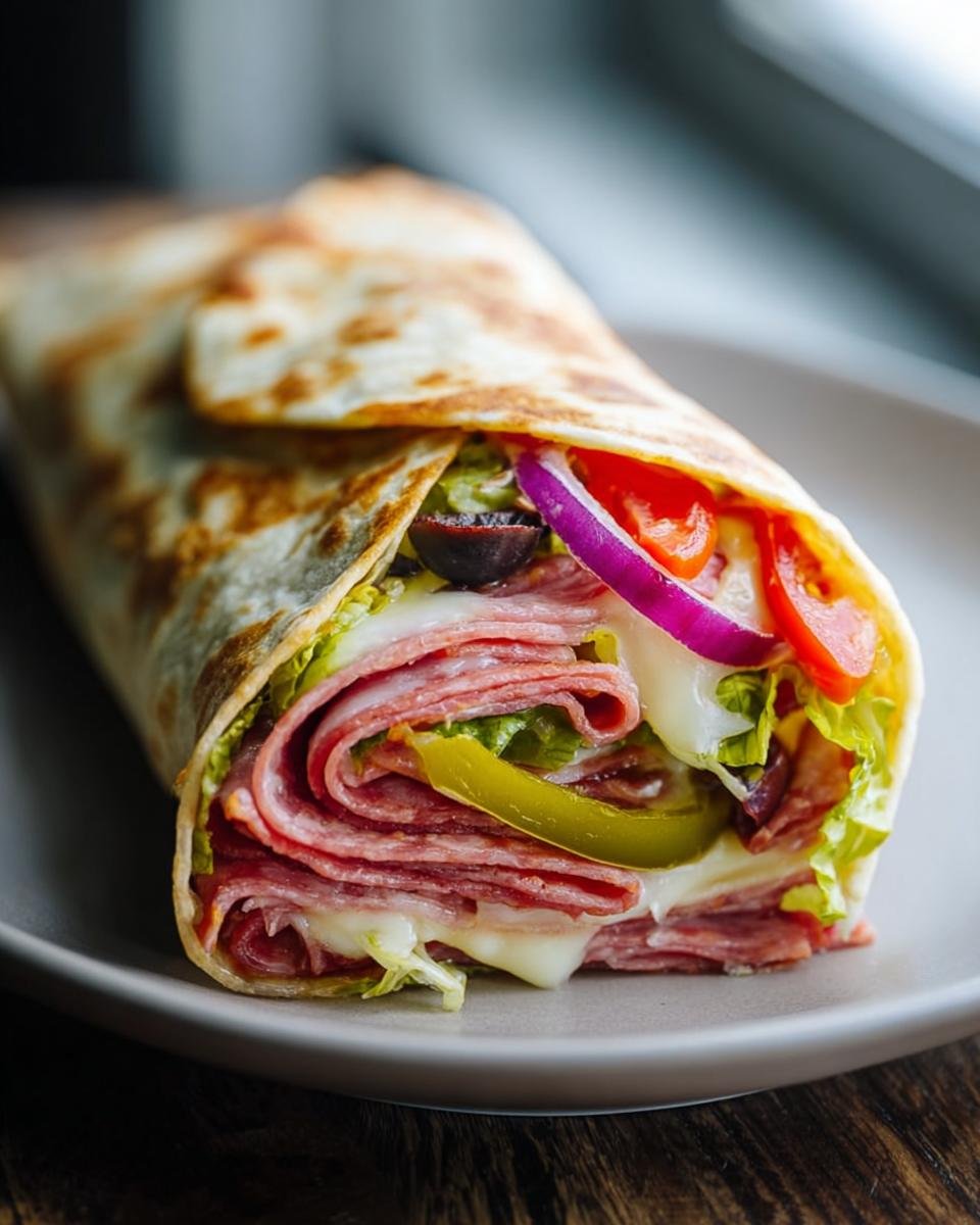 A close-up of a fully loaded Italian Sub Wrap, showcasing layers of salami, cheese, lettuce, tomatoes, onions, olives, and peppers.