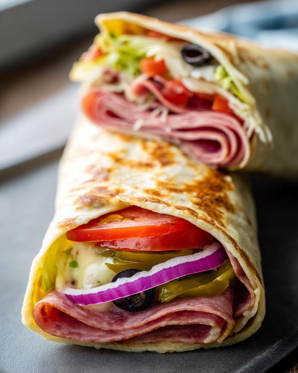 A close-up of an Italian Sub Wrap filled with salami, cheese, lettuce, tomatoes, olives, and red onions.