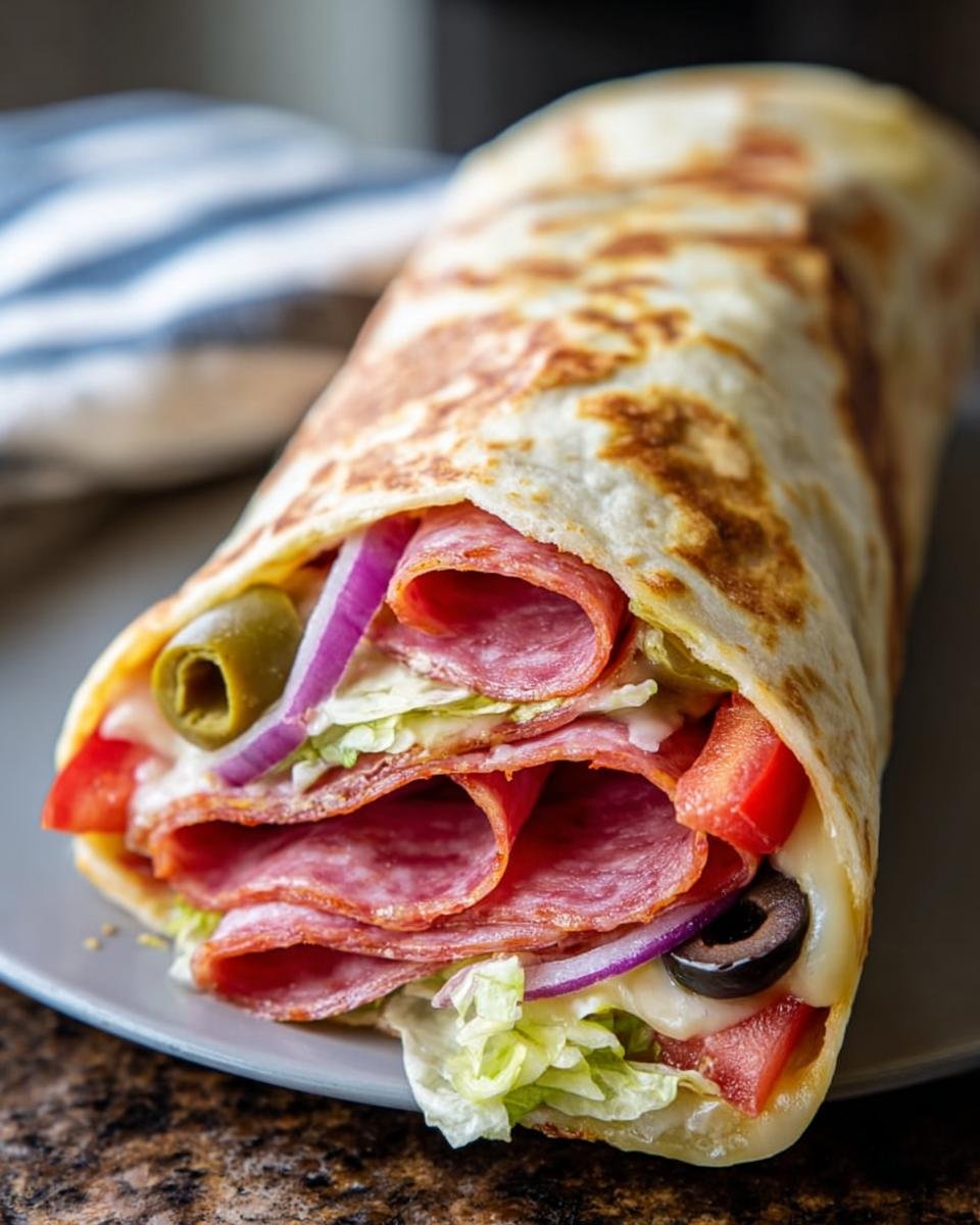 Close-up of a fully loaded Italian Sub Wrap filled with salami, cheese, lettuce, tomatoes, olives, and red onion.