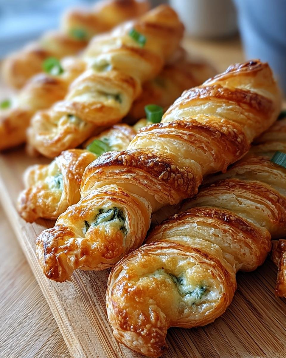 Close-up of golden-brown Jalapeño Popper Twists filled with creamy green filling and garnished with chives.