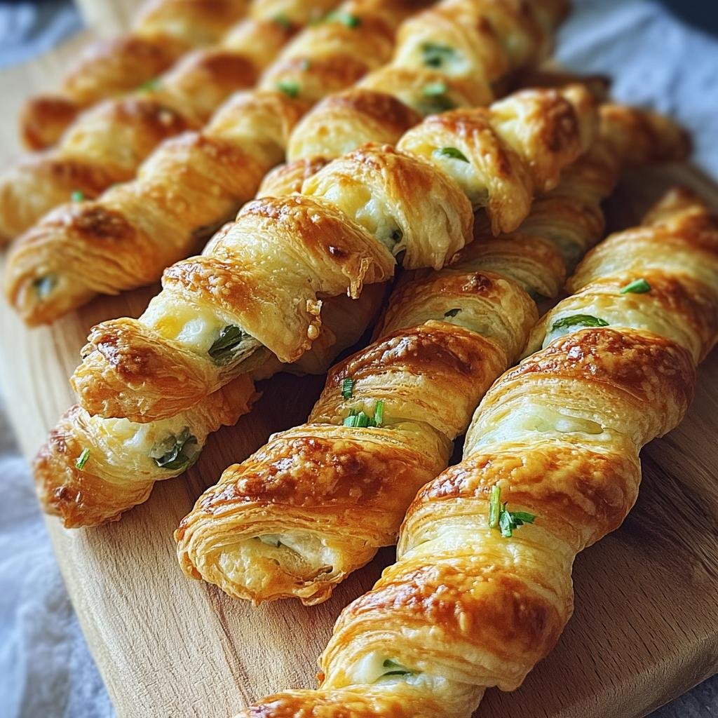 Close-up of golden-brown Jalapeño Popper Twists, filled with cheese and green onions, arranged on a wooden board.