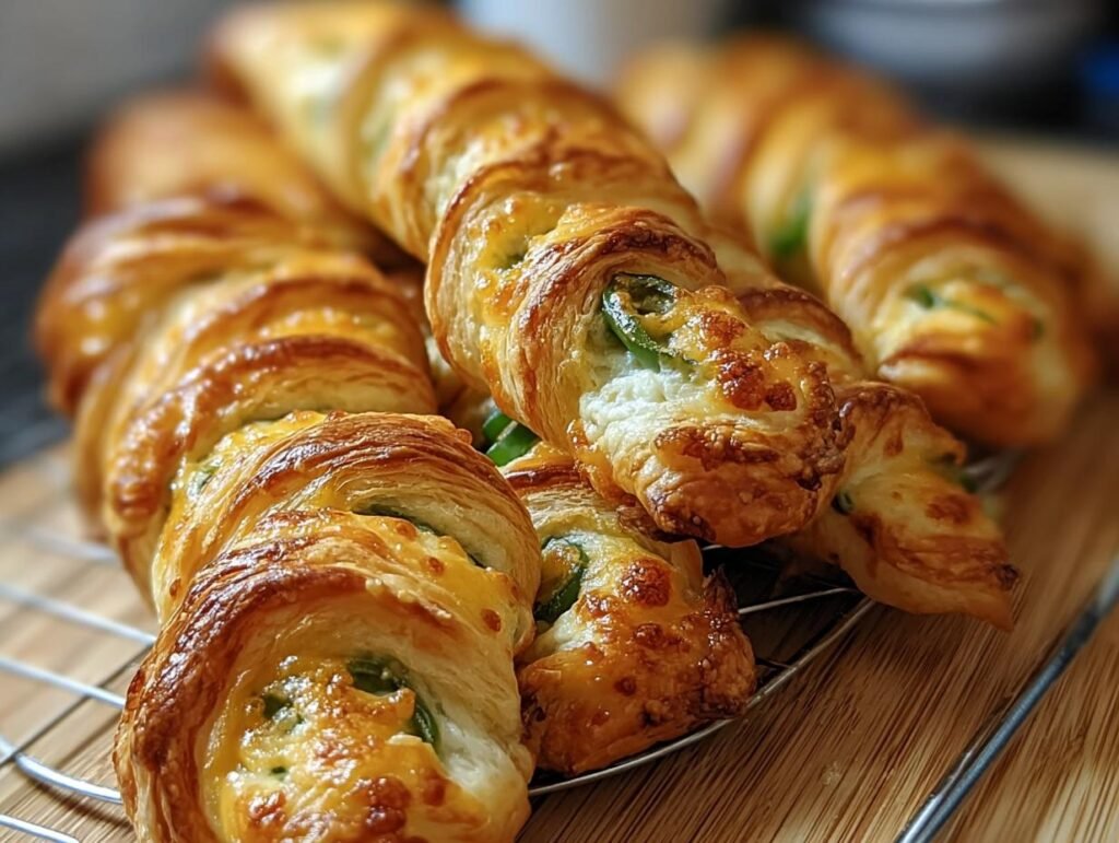 Close-up of golden-brown Jalapeño Popper Twists filled with cheese and jalapeños, resting on a cooling rack.