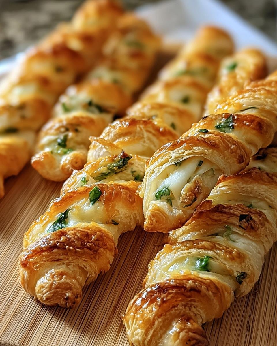 Close-up of golden-brown Jalapeño Popper Twists filled with cheese and green herbs, arranged on a wooden cutting board.