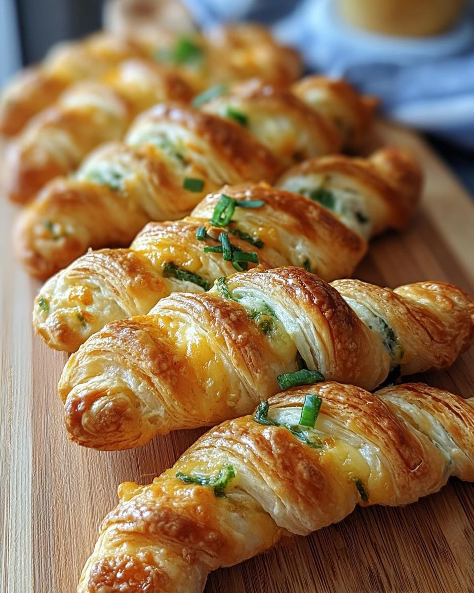 A close-up of golden-brown Jalapeño Popper Twists, filled with cheese and green onions, arranged on a wooden board.
