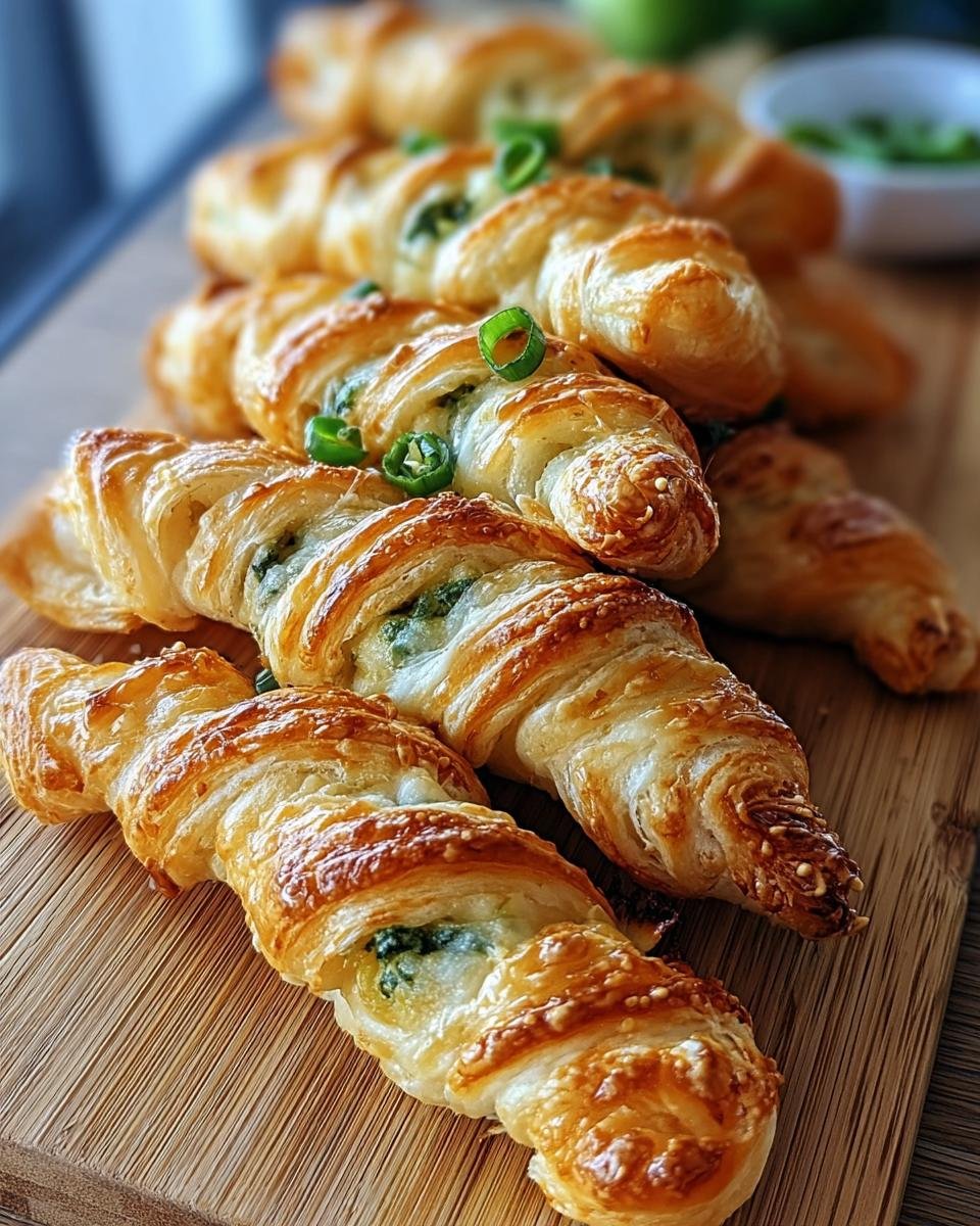 Close-up of golden-brown Jalapeño Popper Twists, garnished with green onions, on a wooden board.