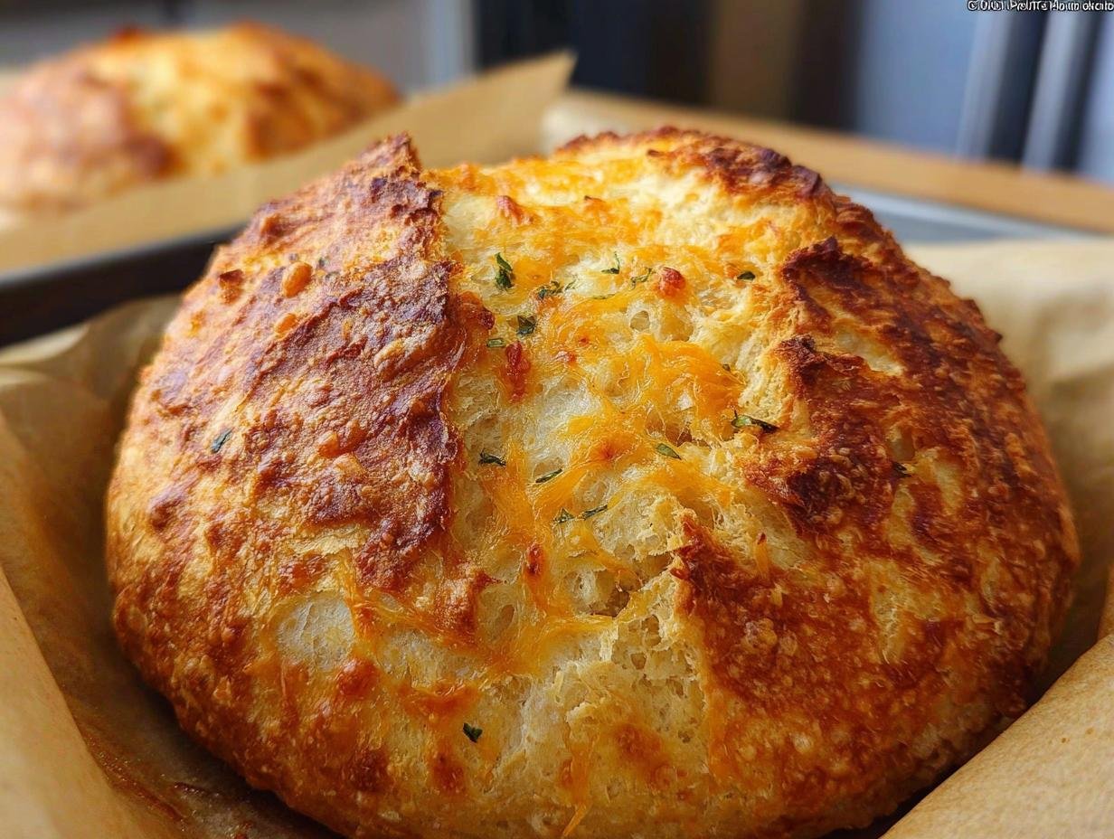 Close-up of a golden-brown crust on a freshly baked Knead Cheddar Bread, with melted cheddar cheese visible.