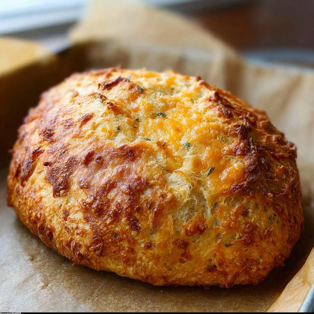 A close-up of a golden-brown, crusty loaf of Knead Cheddar Bread baked on parchment paper.
