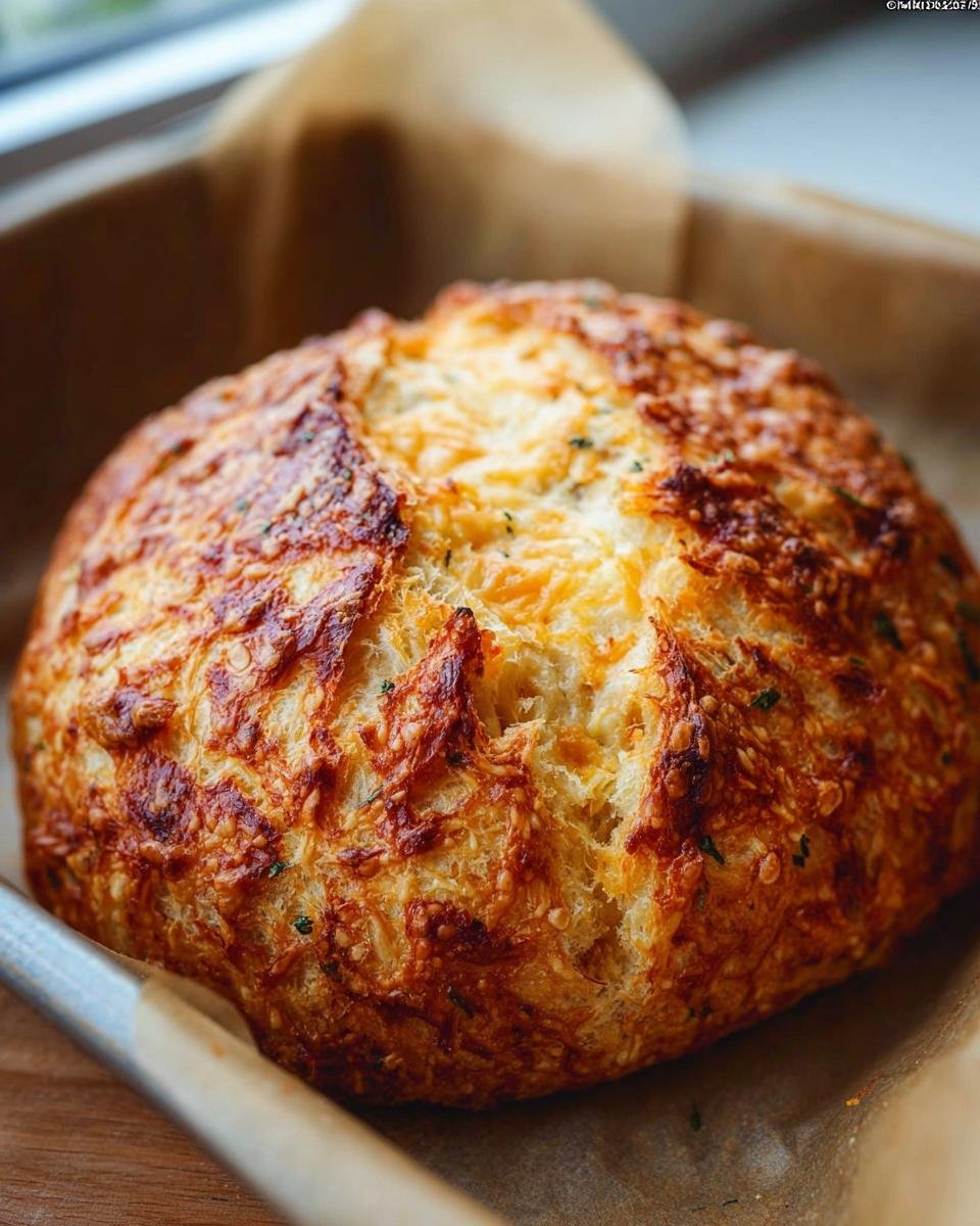 A close-up of a beautifully baked loaf of Knead Cheddar Bread, with a golden-brown crust generously topped with melted cheddar cheese and herbs.