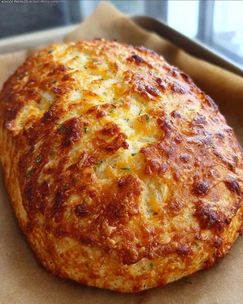 A golden-brown loaf of freshly baked Knead Cheddar Bread with melted cheese and herbs.