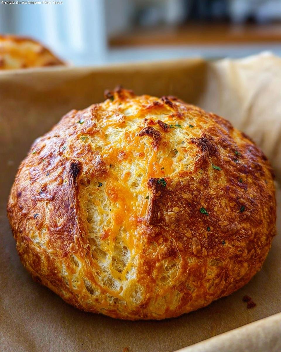 A golden-brown, crusty loaf of Knead Cheddar Bread, topped with melted cheese and a sprinkle of herbs.