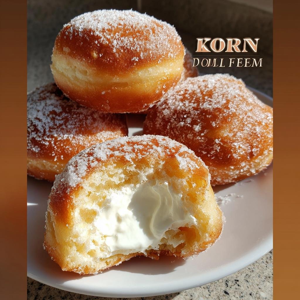A close-up of fluffy Korean Milk Cream Donuts, coated in sugar, with one donut bitten open to reveal a rich cream filling.