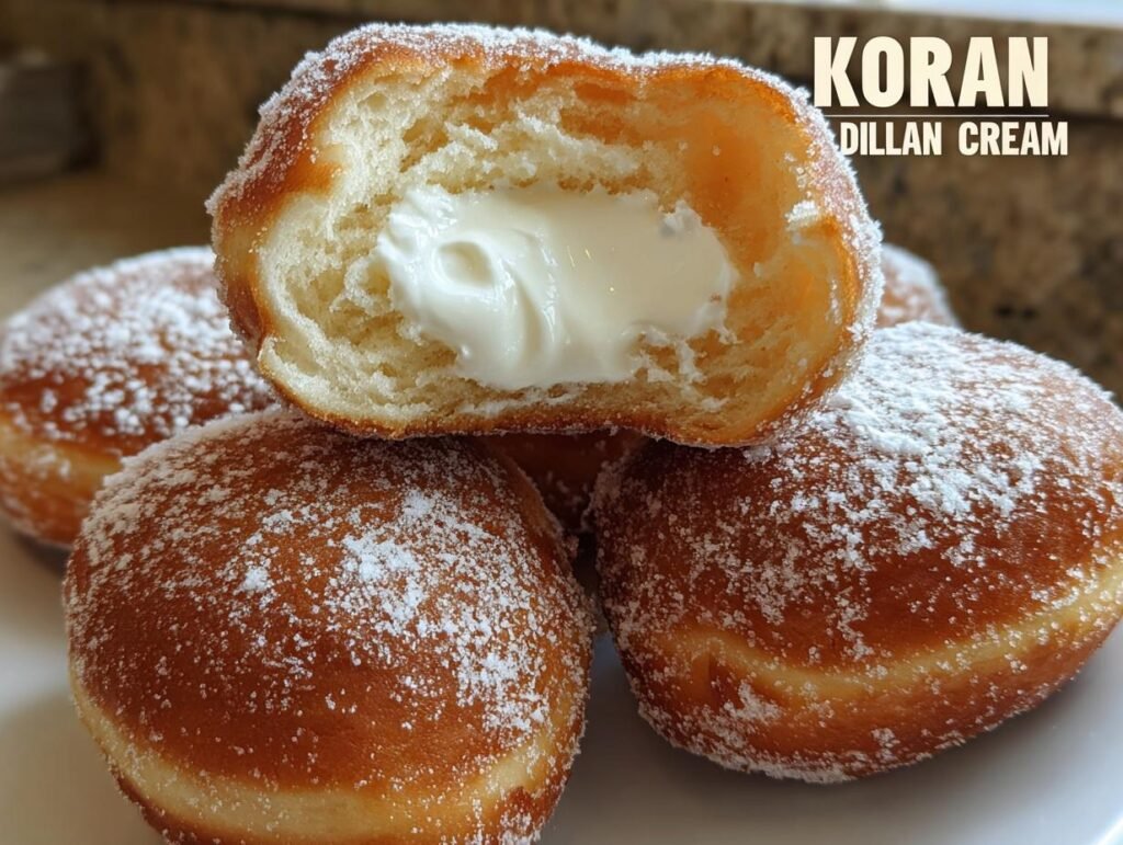 Close-up of a fluffy Korean Milk Cream Donut, dusted with powdered sugar, with a creamy filling visible.