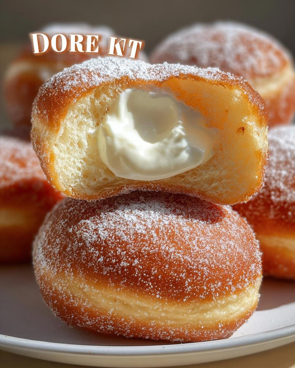 A close-up of a Korean Milk Cream Donut, cut in half, revealing a creamy white filling, dusted with powdered sugar.