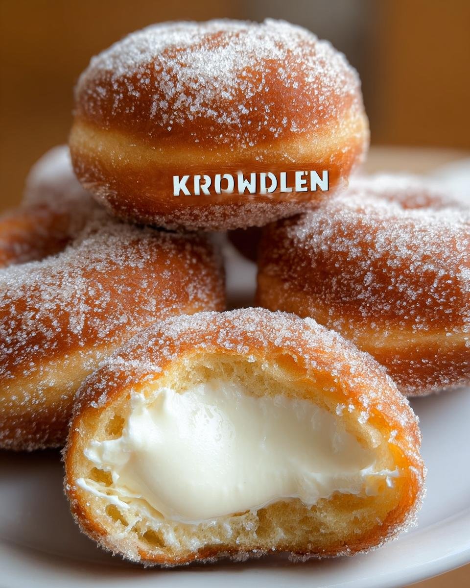 A close-up of fluffy Korean Milk Cream Donuts coated in sugar, with one donut cut open to reveal a rich cream filling.