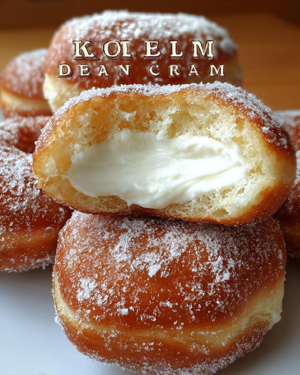 A close-up of a delicious Korean Milk Cream Donut, cut in half to reveal a rich, creamy filling.