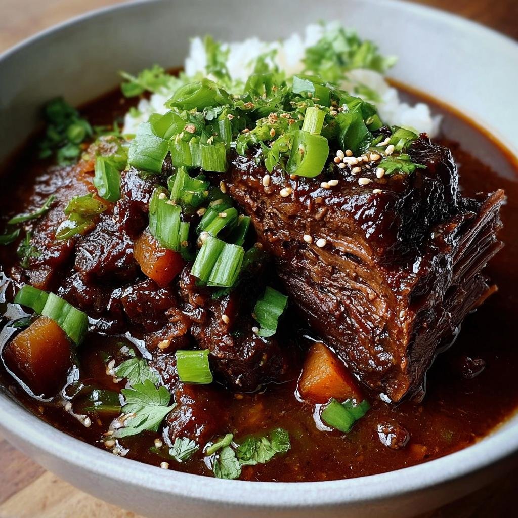 A close-up of a succulent Korean Style Pot Roast served with fluffy white rice and garnished with green onions and sesame seeds.