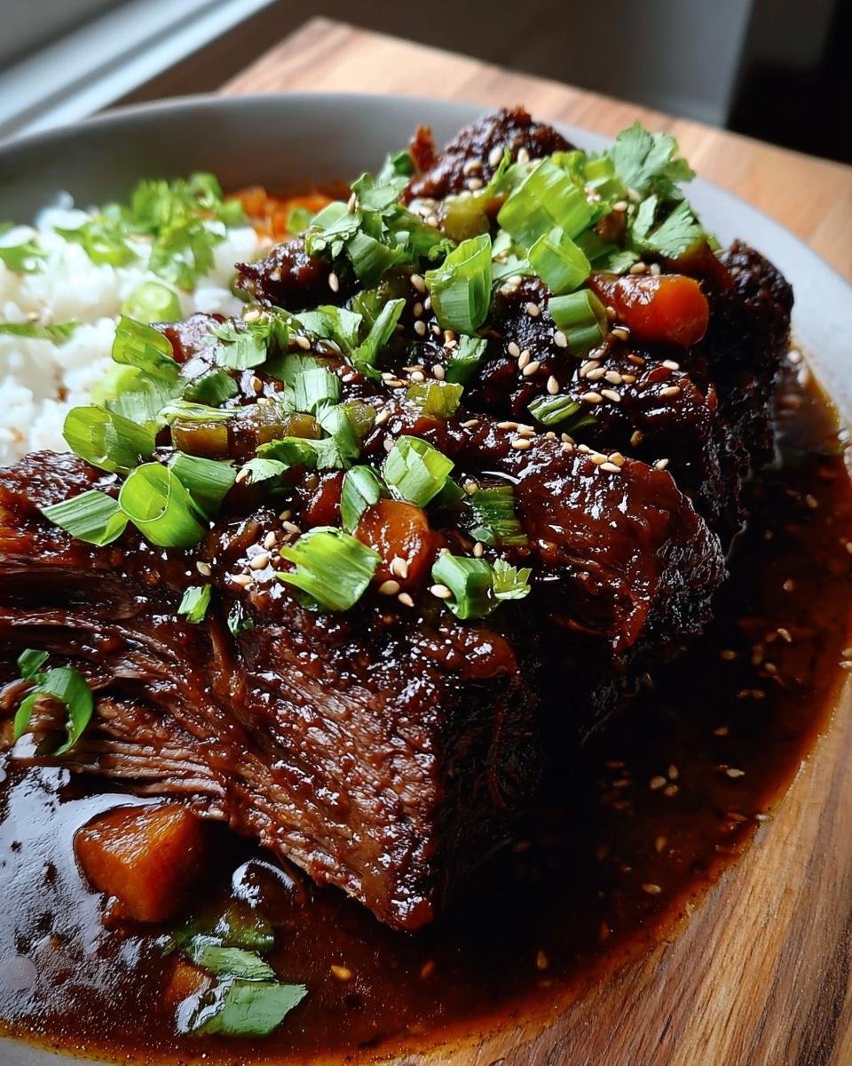 A close-up of a succulent Korean Style Pot Roast, braised in a rich sauce, topped with scallions and sesame seeds, served with white rice.