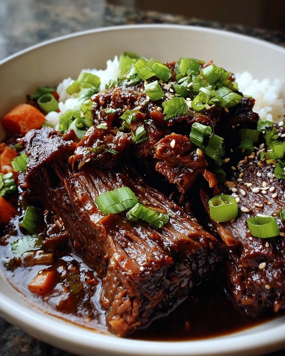 Close-up of tender Korean Style Pot Roast served over white rice, garnished with green onions and sesame seeds.