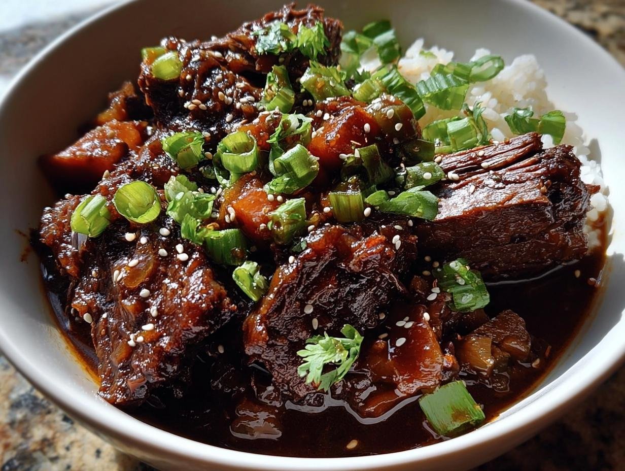 A bowl of Korean Style Pot Roast served with white rice, garnished with green onions and sesame seeds.