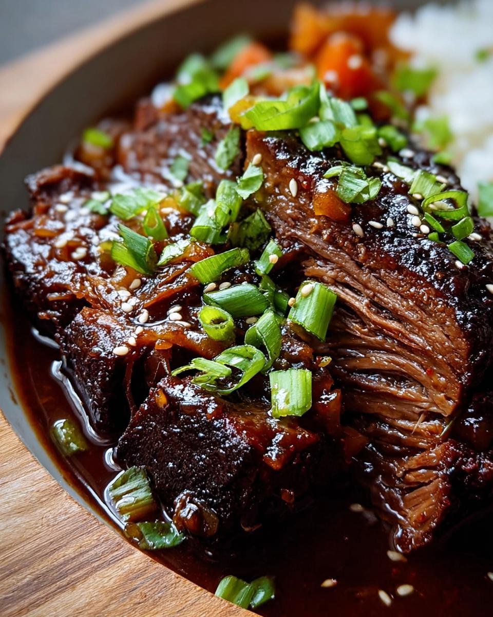 Close-up of tender Korean Style Pot Roast, glazed and topped with chopped scallions and sesame seeds.