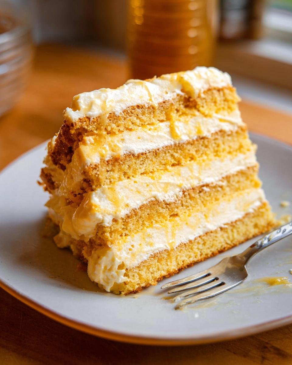 A generous slice of moist Layered Cornbread Cake with fluffy cream frosting and a drizzle of golden syrup.