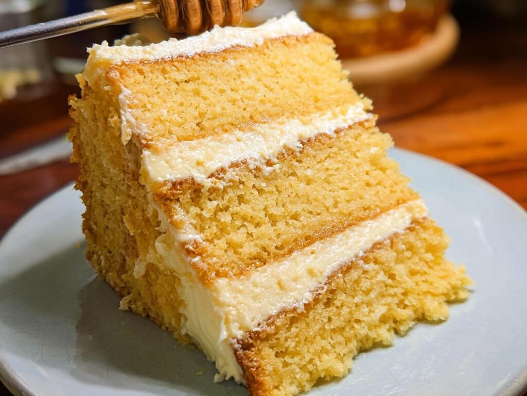 A delicious slice of Layered Cornbread Cake with creamy frosting and a hint of honey.