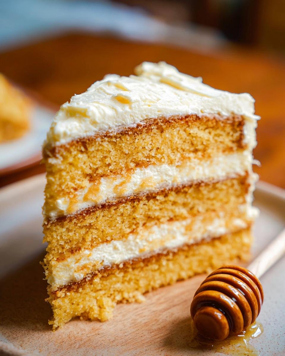 A decadent slice of Layered Cornbread Cake, featuring fluffy cornbread layers and creamy white frosting, with a honey dipper.