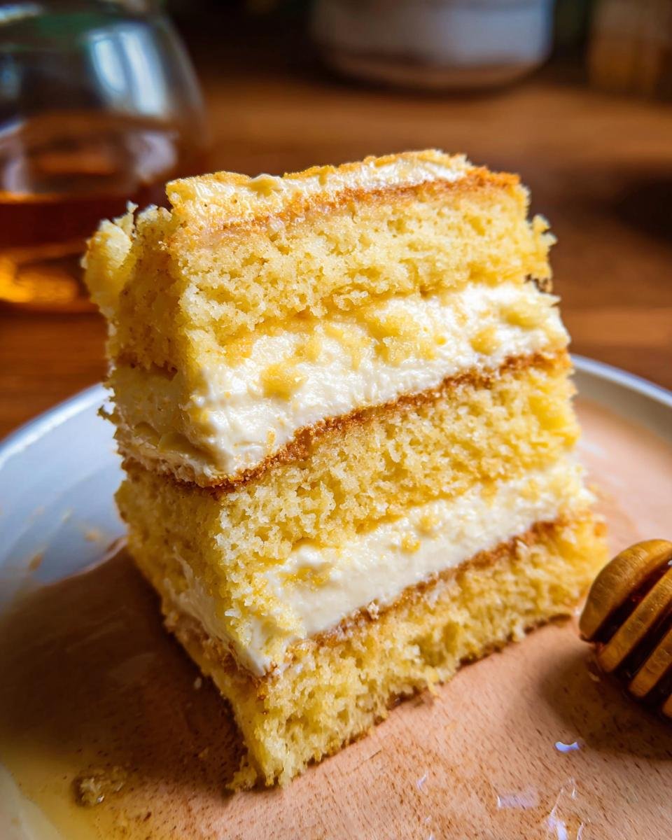 A delicious slice of Layered Cornbread Cake with three layers of cake and two layers of creamy filling, drizzled with honey.