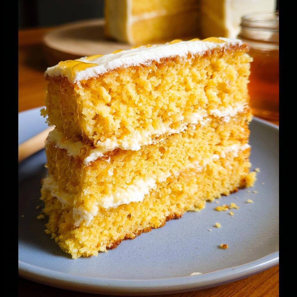 A delicious slice of Layered Cornbread Cake, featuring two layers of golden cornbread filled with creamy frosting and drizzled with honey.