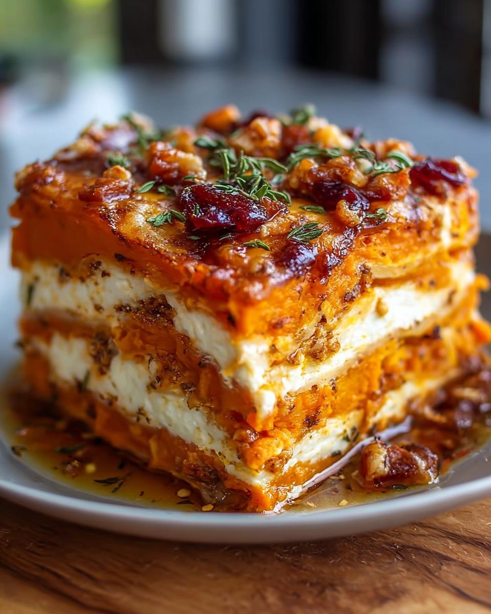 A close-up of a slice of Layered Sweet Potato Butternut Squash Carrot Lasagna, showcasing layers of orange vegetables and white cheese, topped with nuts and herbs.