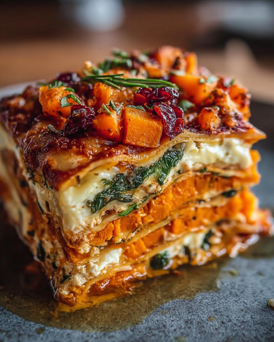 A close-up of a slice of Layered Sweet Potato Butternut Squash Carrot Lasagna, showcasing its vibrant orange layers and creamy filling.