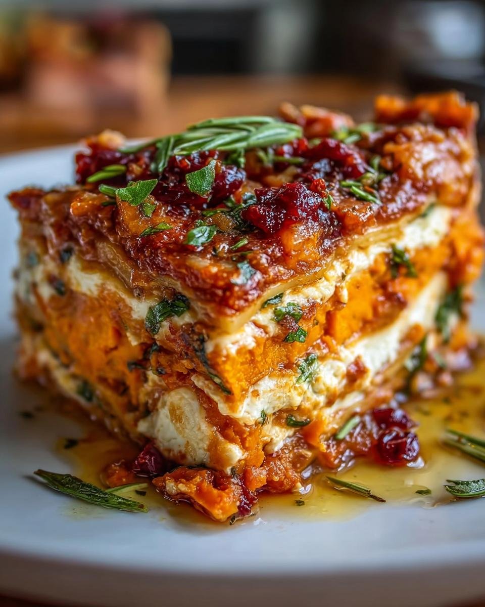 A close-up of a delicious slice of Layered Sweet Potato Butternut Squash Carrot Lasagna, showcasing its vibrant orange layers and creamy filling.