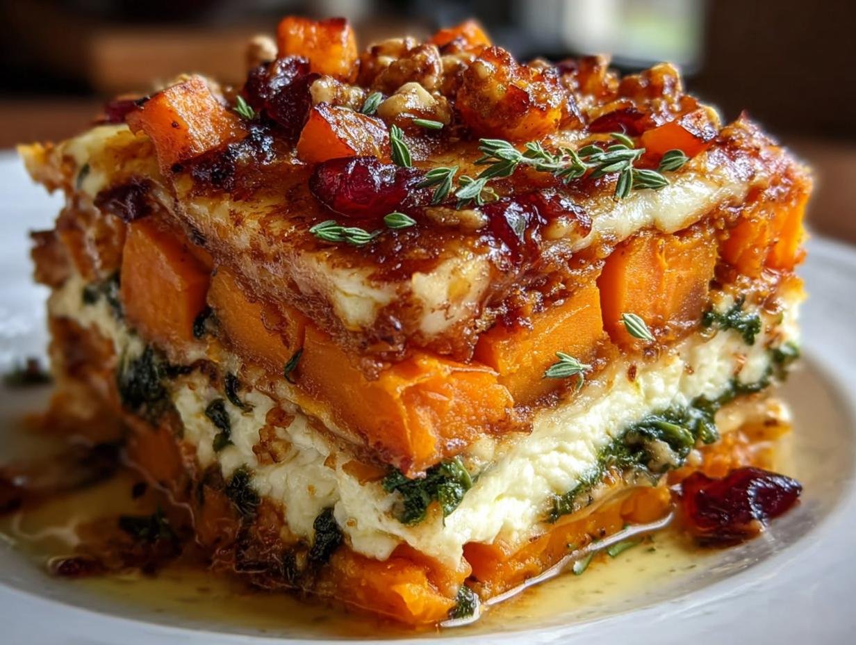A close-up of a slice of Layered Sweet Potato Butternut Squash Carrot Lasagna, showing layers of orange squash, white cheese, and green herbs.