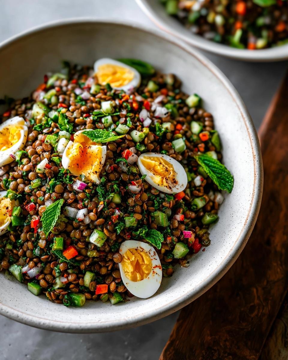 A close-up of a bowl filled with a vibrant Lentil Protein Salad, topped with sliced hard-boiled eggs and fresh mint leaves.