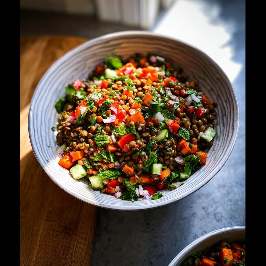 A vibrant bowl of Lentil Protein Salad with chopped bell peppers, cucumber, red onion, and fresh mint.