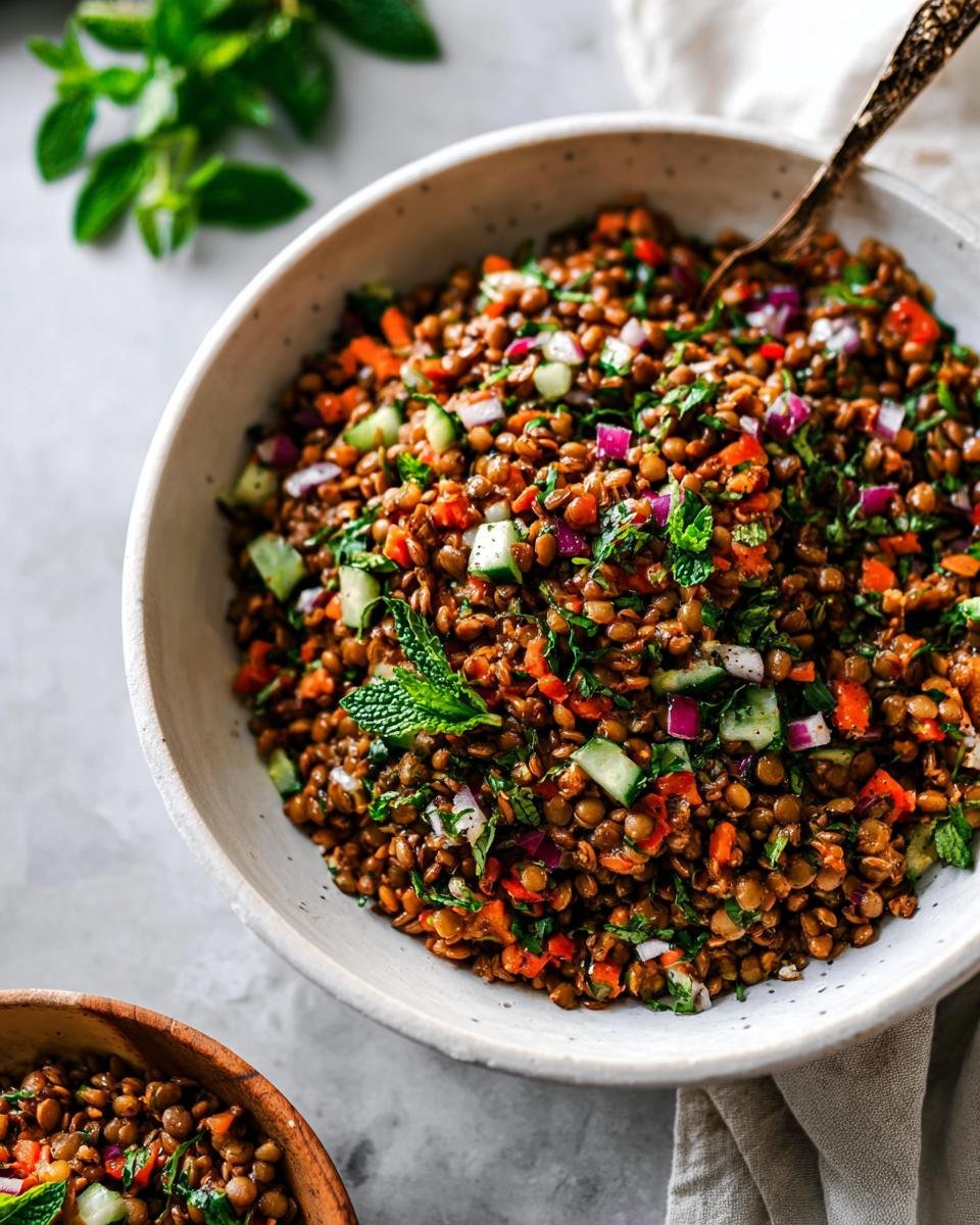 A vibrant bowl of Lentil Protein Salad, packed with lentils, cucumber, carrots, red onion, and fresh mint.