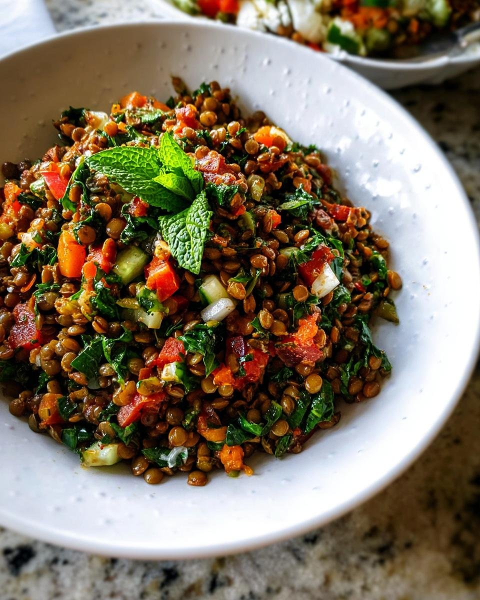 A vibrant bowl of Lentil Protein Salad, featuring lentils, chopped tomatoes, cucumber, and fresh mint leaves.