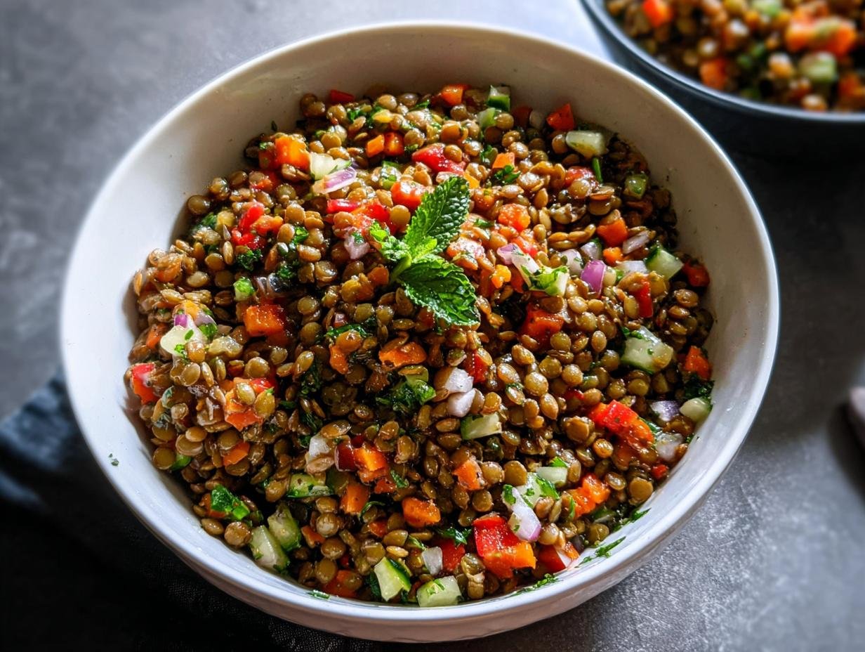 A bowl of vibrant Lentil Protein Salad, featuring lentils, diced bell peppers, cucumber, red onion, and fresh mint.