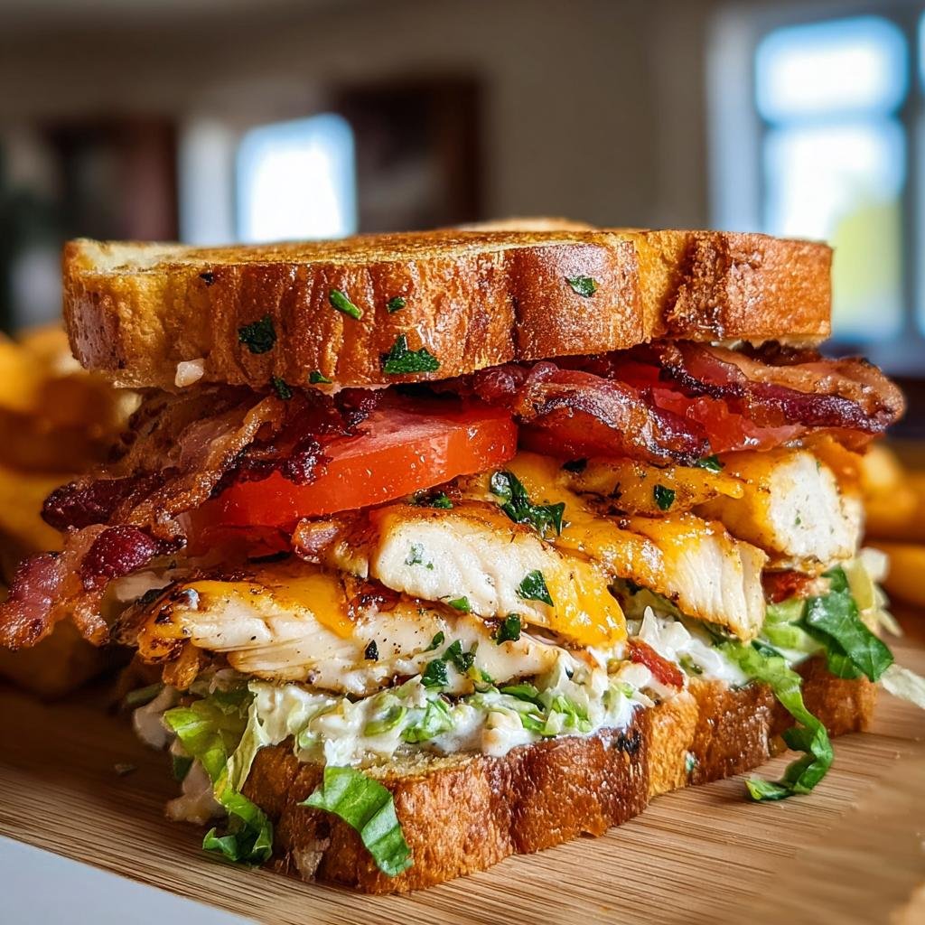 A delicious Loaded Chicken Club sandwich with grilled chicken, crispy bacon, melted cheese, tomato, lettuce, and creamy sauce on toasted bread.