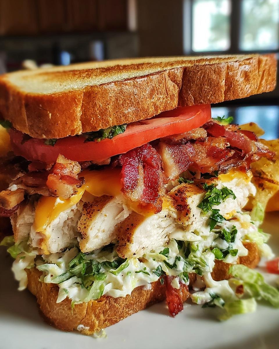 A close-up of a Loaded Chicken Club sandwich stacked high with grilled chicken, crispy bacon, lettuce, tomato, and cheese on toasted bread.